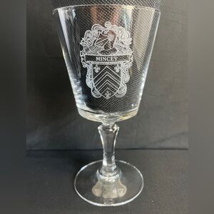 Vintage MINCEY Family Crest Coat of Arms Genuine Lead Crystal Etched Wine Glass